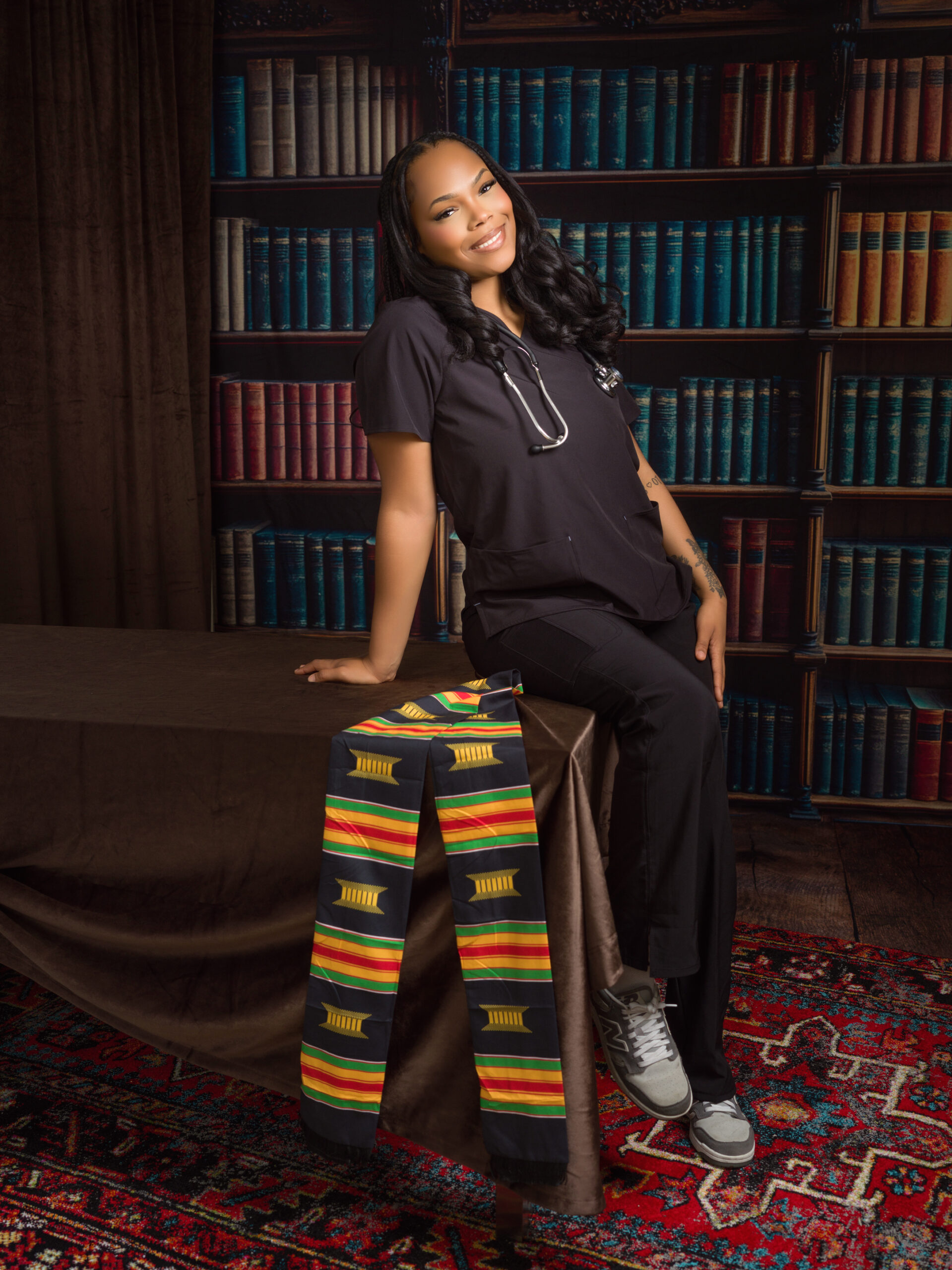 Celebratory graduation portrait honoring academic milestone, Stockton photography studio